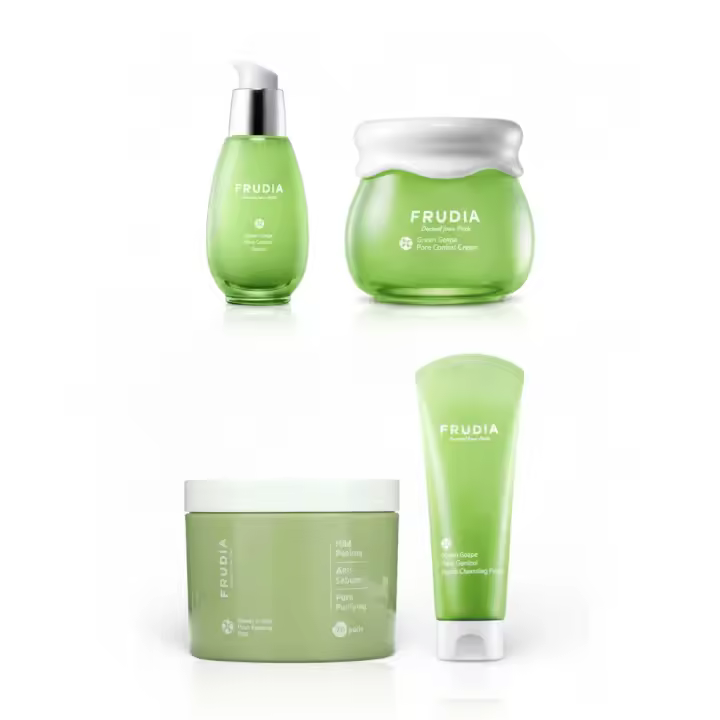Frudia Green Grape (Control Poros y Sebo): discos exfoliantes, sérum, hidratante y espuma limpiadora. Con 81% extracto de uva verde, rica en taninos y Vitamina E. Controla sebo, minimiza poros y mejora textura. Envíos a España 24/48h. - 1