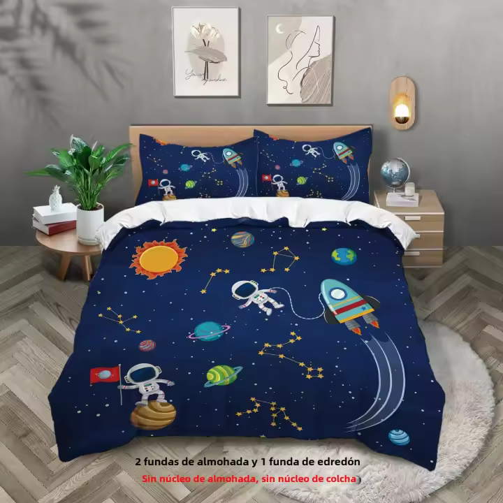 Juego De Cama 3 Piezas Estilo Espacial Con Patrón De Astronauta Y Cielo Estrellado Funda De Edredón Y 2 Fundas De Almohada Poliéster Cómodo Set De Cama - 1