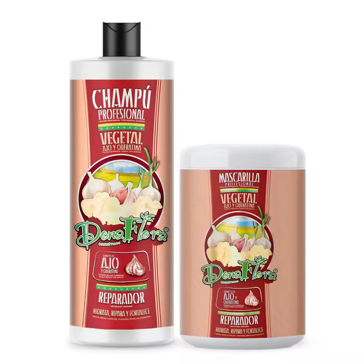 Pack Dona Flora Ajo & Queratina: Champú 1000ml + Mascarilla Capilar 1000ml -  Fortalecimiento y reparación - Vendido por Beauty World Distributor - 1