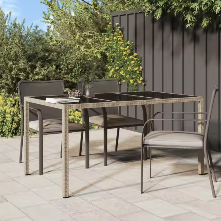 Mesa de Jardín de Vidrio Templado 150x90x75cm Polyrattan Beige - 1