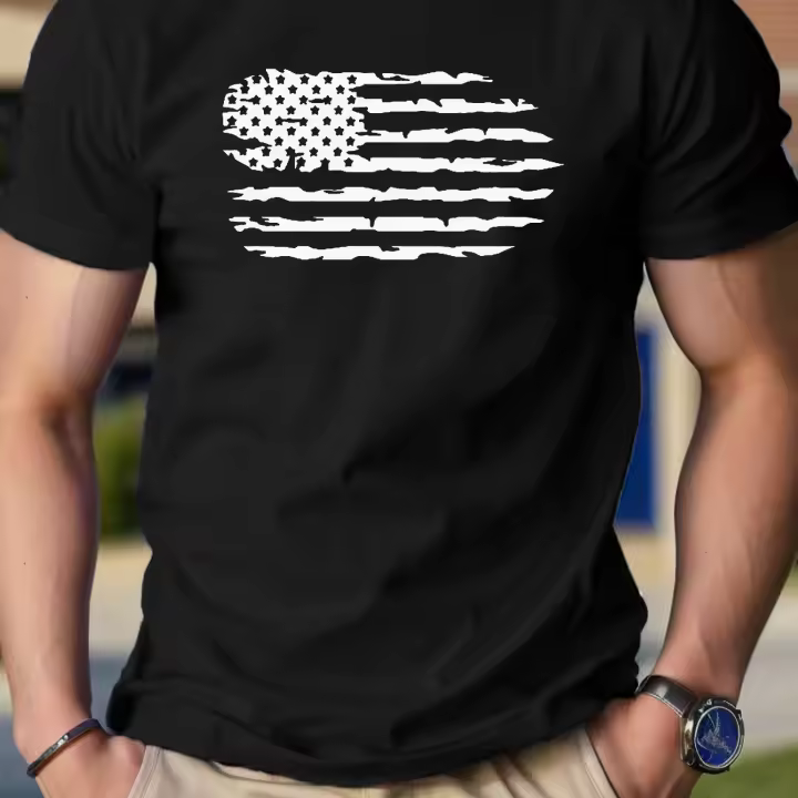 Camiseta De Algodón Puro 100% Para Hombre Estampado De Bandera De Estados Unidos Estilo Casual Cuello Redondo Manga Corta Cómoda Y Transpirable Para El Verano - 1