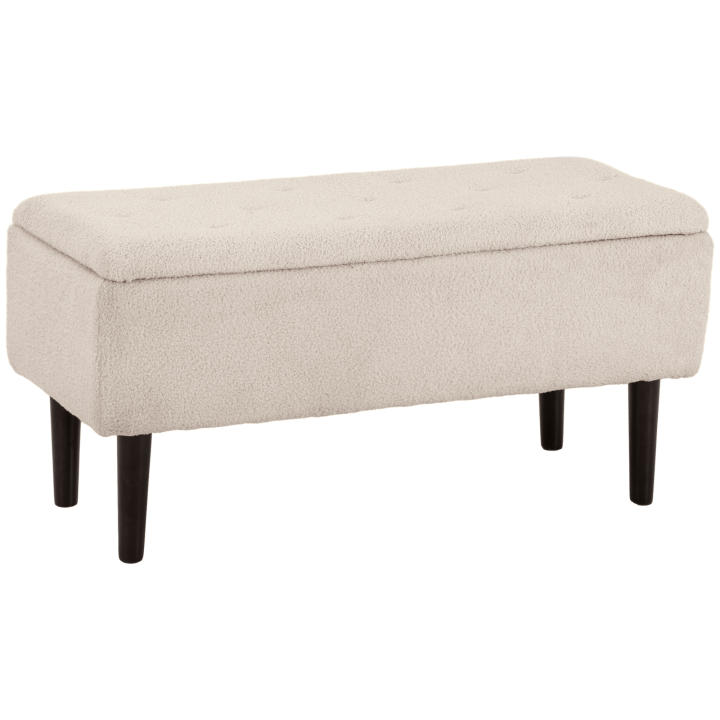 HOMCOM Puff Almacenaje, Banco Almacenaje Plegable, Capacidad de 57 L, 95x38x45 cm, Tapizado en Borreguito, Pie de Cama con Tapa Abatible y Patas de Madera, para Salón, Dormitorio, Entrada, Crema