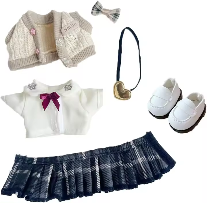 Ropa Labubu para muñecas: adorable conjunto de estudiante con camisa, falda y accesorios para muñecas de 17 cm. Ideal para jugar - 1