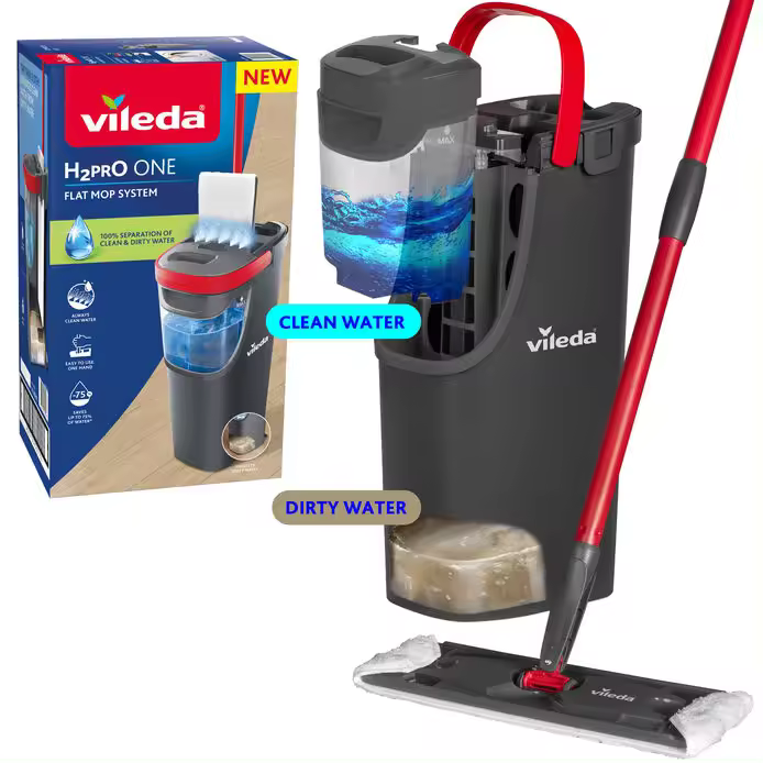 Vileda Mopa H2PRO Flat Mop | Limpieza avanzada con separación de agua limpia y sucia | Tecnología que ahorra agua y microfibra eficiente para suelos impecables | Diseño ergonómico para uso sin esfuerzo y almacenamiento compacto | Ideal para todo hogar - 1