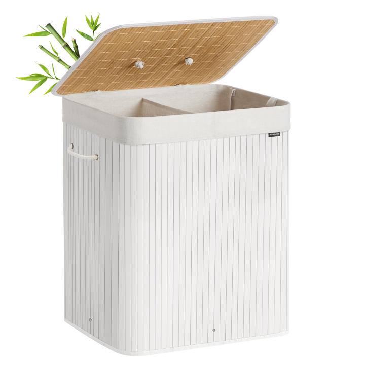 SONGMICS Cesto de la Ropa Sucia con Tapa, 2 compartimentos, 120 L, Cesta de Lavandería de Bambú, Plegable, con Bolsa Lavable Extraíble, Asas, para Lavandería, Dormitorio, Blanco/Natural
