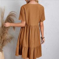 Women's short sleeve V-neck pleated dress, elegant beach dress, simple and comfortable clothing, monochrome A-line skirt - details 4
