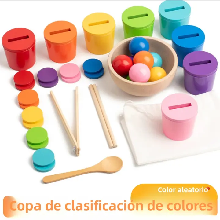 Juguete Montessori De Madera Juego De Colores Y Alineación Con Bolas Arcoíris En Copas Educación Temprana Para Niños De Preescolar Edad 3+ - 1