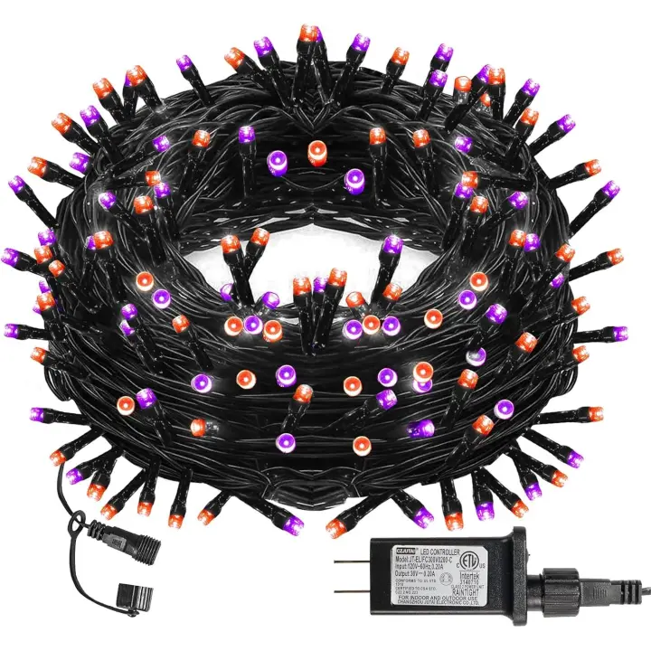 Cadena de luces LED de 300 LED para Halloween, cadena de luces de 100 pies con 8 modos de iluminación, decoraciones de Halloween (morado y naranja) - 1