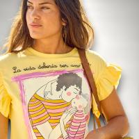Camiseta AMAR Anabel Lee Mujer | Manga Corta Volantes Maxi Print Foil Rosa "La Vida debería ser Amar y ya" | Algodón - details 1