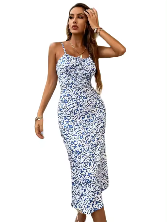 Vestido Maxi Elegante Para Mujer Con Tirantes Estampado Estilo Vacacional Ajustado Con Abertura Traje De Verano Casual - 1