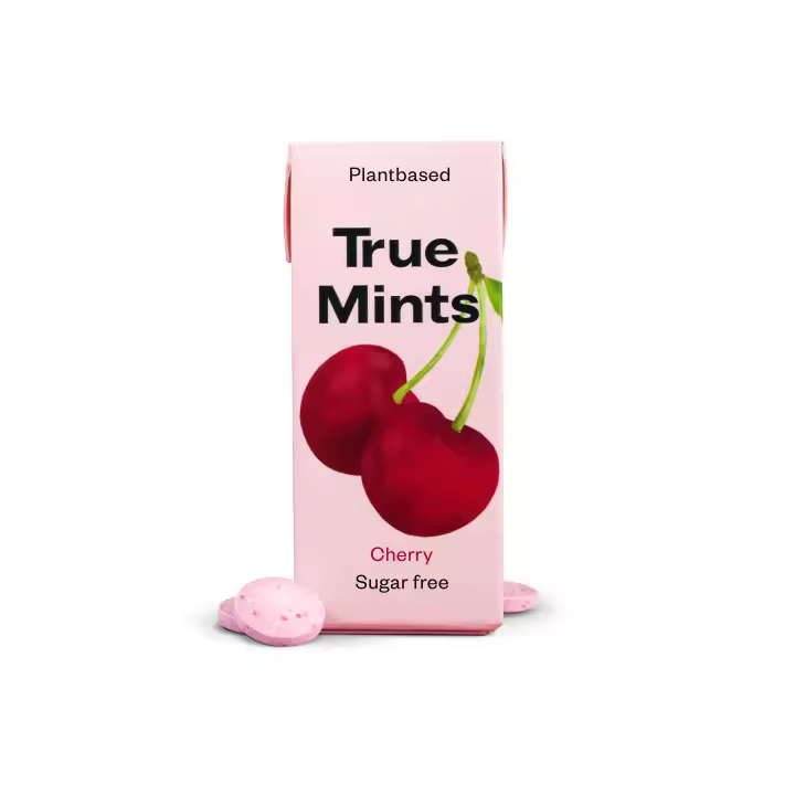 True Gum - True Mints - Caramelos sin plástico de Cereza - Vegano, sin azúcar añadido y sin aditivos - Estuche de 18 unidades - 1
