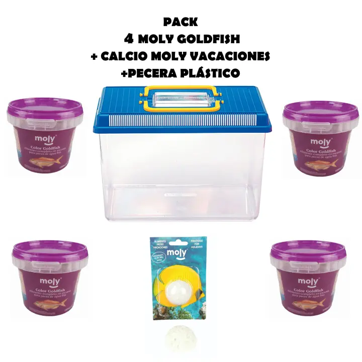 Kit Mi Primer Pez - Pecera, Comida Moly Goldfish Peces Agua Fría Escamas 4 Unidades de 365 ml - Calcio para Peces - Ideal para Vacaciones - 1