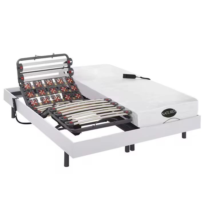 Vente-unique - Cama eléctrica articulada de láminas y terminales colchón memoria de forma y bambú DAMYSOS de NATUREA - Motores OKIN - 2x80x200 cm - Blanco - 1