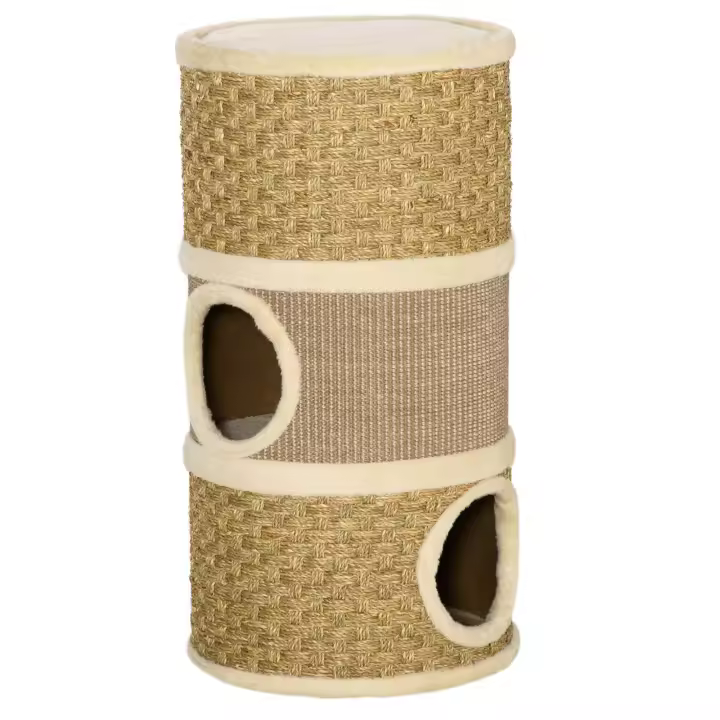 PawHut Tonel Rascador para Gatos con 3 Niveles Barril de Rascado con Plataforma Cama Cómoda 37,5x37,5x70 cm Marrón Claro y Beige - 1