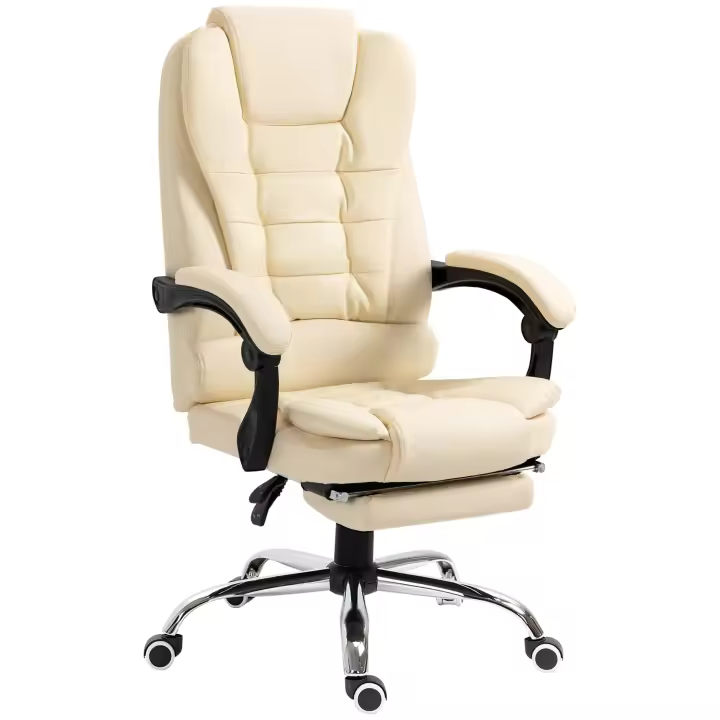 HOMCOM Silla de Oficina Reclinable Silla de Escritorio con Reposapiés Silla Ejecutiva Giratoria con Altura Ajustable Tapizada en PU y Reposabrazos para Estudio Crema - 1
