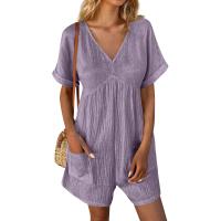 Monos De Verano Casuales Para Mujer Con Hombros Descubiertos Y Mangas Cortas Ruched Estilo Romper De Piernas Largas Con Bolsillos De Poliéster - details 12