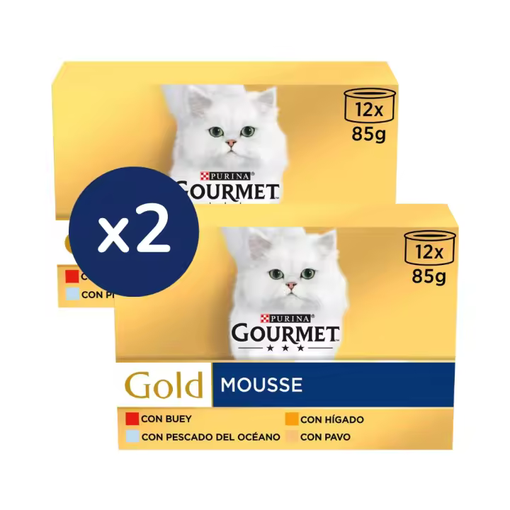 GOURMET - Gold (24x85 gr) - Mousse Pack Surtido (Buey,PescadodelOcéano,HígadoyPavo) (2 Cajas de 12x85 gr) - 1