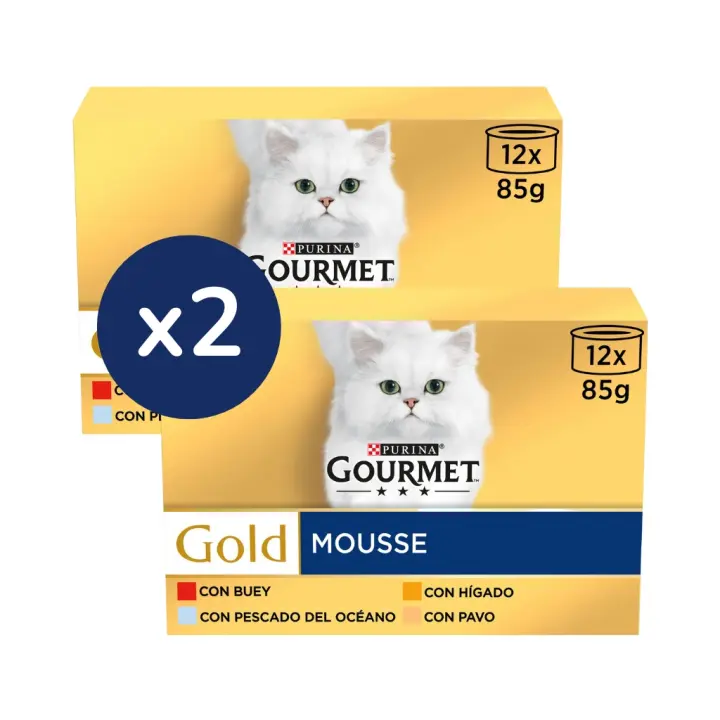 GOURMET - Gold (24x85 gr) - Mousse Pack Surtido (Buey,PescadodelOcéano,HígadoyPavo) (2 Cajas de 12x85 gr) - 1