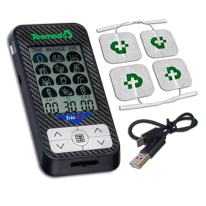 TESMED Trio 6,5: Electroestimulador Muscular Recargable con USB - 36 Programas, 40 Niveles de Intenbad, 4 Electrodos - EMS, TENS y Masaje - Ideal para Fitness y Dolor Therapy - 1