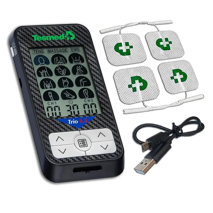 TESMED Trio 6,5: Electroestimulador Muscular Recargable con USB - 36 Programas, 40 Niveles de Intenbad, 4 Electrodos - EMS, TENS y Masaje - Ideal para Fitness y Dolor Therapy - 1