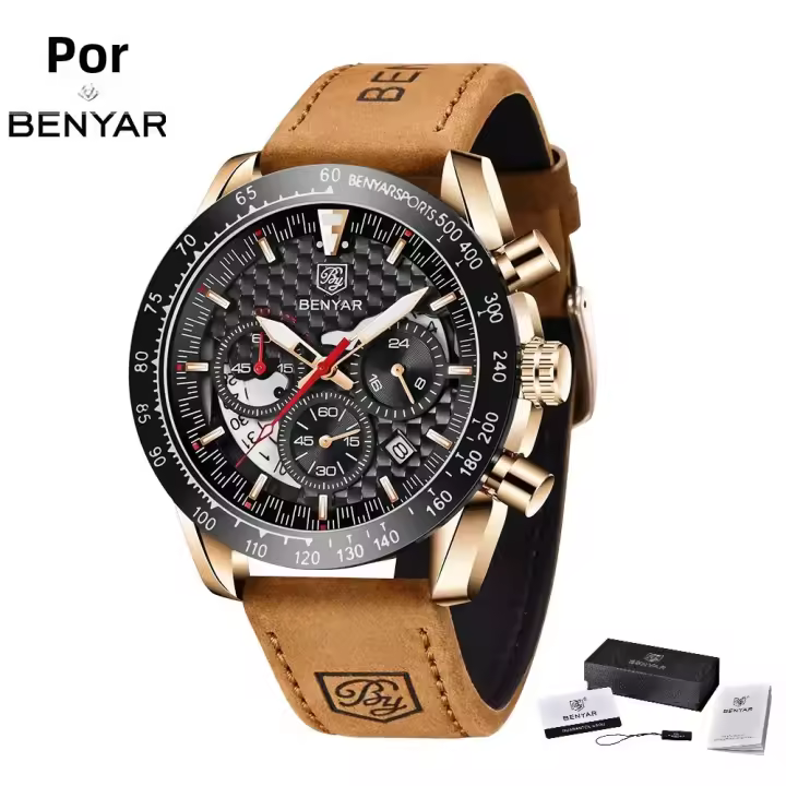 Reloj De Pulsera De Lujo Para Hombre BENYAR Con Correa De Cuero Resistente Al Agua Y Deportiva Cronógrafo Militar Quartz Marca PAGANI DESIGN - 1