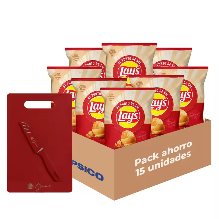 Pack Regalo Lay's al Punto de Sal - Patatas Fritas con Sabor Original, Pack Regalo de 15 Bolsas de Patatillas Deliciosas e Irresistibles, Snack y Aperitivo, Total: 15 x 44g = 660 g + Tabla de Cortar y Cuchillo - 1