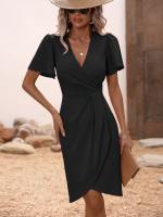 Vestido De Falda Irregular Para Mujer Con Cintura Definida Y Cuello En V Estilo Europeo Y Americano Vestido De Oficina De Rodilla - details 1