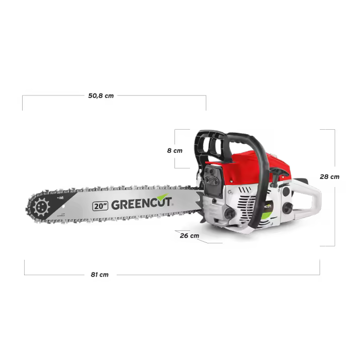 GREENCUT GS610X - Motosierra de gasolina, motor 2 tiempos 62cc 3.6cv, espada 20”, longitud corte 50.8cm, para tala y poda, antivibración - 1