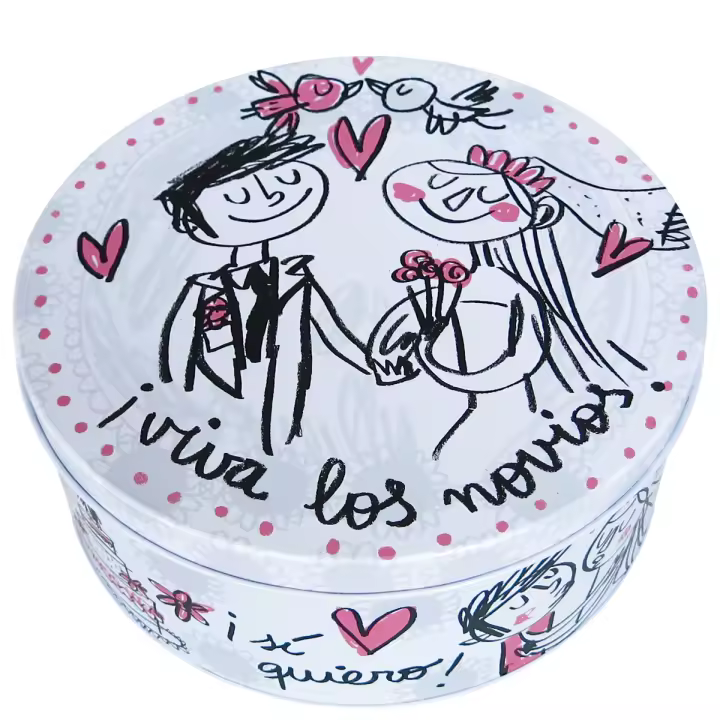 Caja metálica "viva los novios" - Las Cajas Originales - Acabado mate - Tamaño: Ø22xH9cm - 1