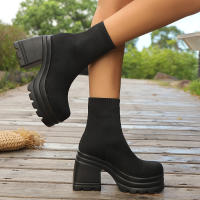 Botas De Mujer Lightweight Casual Con Plataforma Y Tacón Chunky Block Moda Invierno Calf High Sock Botas Material Elástico - details 9