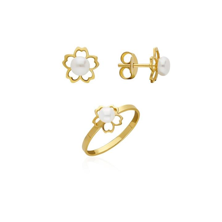 Conjunto Avancy niña comunión en Plata de Ley 925 chapado en Oro 18K | Pendientes y anillo con flor calada y perlas cultivadas de 4 mm | Tallas anillo 12-14-16 | Ancho 2 mm | Diámetro flor 8 mm | Cierre presión | Joya elegante y atemporal