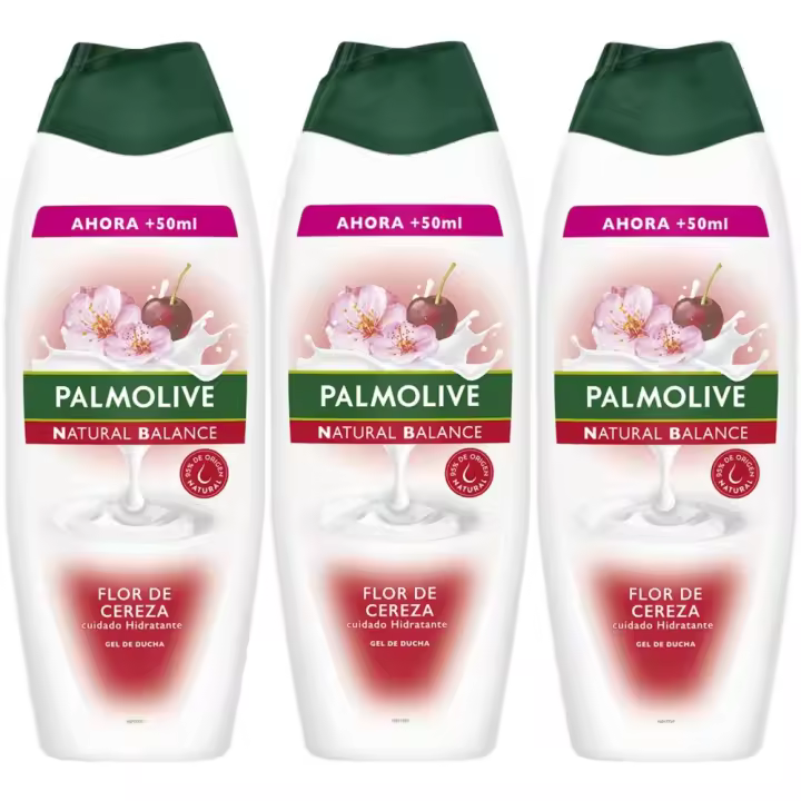 Palmolive Gel de Baño en Crema Natural Balance Flor de Cereza cuidado Hidratante, Botella 550+50 ml, Pack 3 uds - Gel de ducha cremoso, agradable fragancia, ayuda a mantener la hidratación natural de la piel, ingredientes y envases sostenibles, 600 ml. - 1