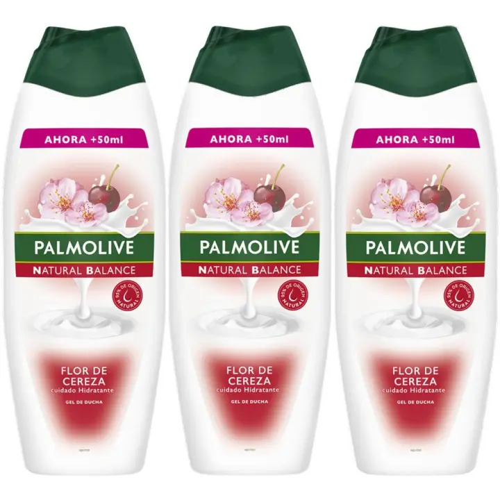 Palmolive Gel de Baño en Crema Natural Balance Flor de Cereza cuidado Hidratante, Botella 550+50 ml, Pack 3 uds - Gel de ducha cremoso, agradable fragancia, ayuda a mantener la hidratación natural de la piel, ingredientes y envases sostenibles, 600 ml. - 1