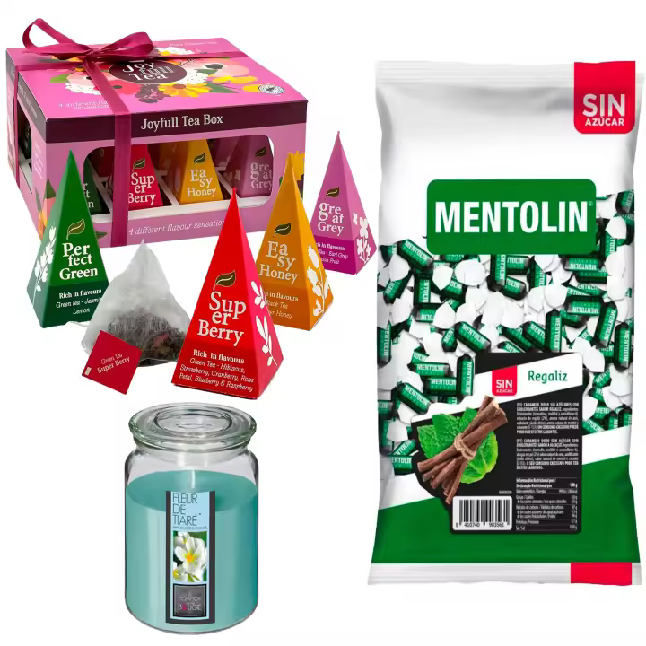 Pack surtido: MENTOLIN REGALIZ S/A BOLSA 1KG + WELL HOME - Vela perfumada con flor tiare + WELL HOME - Caja de Té Joyfull con variedad de sabores - 1