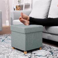 Taburete reposapiés cuadrado con almacenamiento y tapizado capitoné, patas de madera maciza, asiento acolchado de espuma, disponible en gris oscuro, gris claro y azul marino - details 7