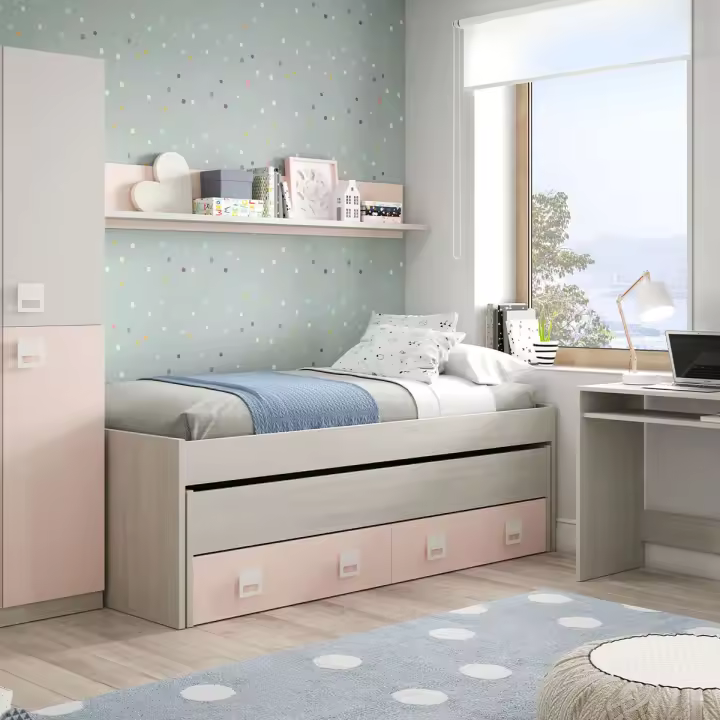 Cama doble + estante Nube + cajón gris claro/rosa - 1