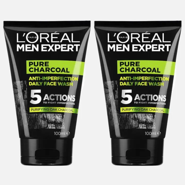 L'Oreal Men Expert - Gel limpiador Pure Charcoal - 2 Bote de 100ml (Caja de 2 x 100 ml) - Multipurificante, combate imperfecciones, impurezas, exceso de sebo, marcas y poros obstruidos, limpieza intensa, uso diario - 1