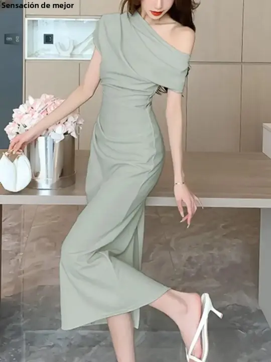 Vestido Elegante De Noche Hombro Descubierto Para Mujer Moda Verano Ajustado Uno Pie Sólido Vestido Coreano Ropa De Graduación - 1