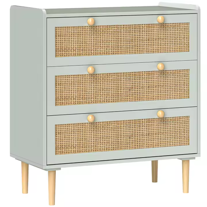 HOMCOM Cómoda de 3 cajones para dormitorio, estilo bohemio, con marco de madera, de ratán, para dormitorio, salón, entrada, 80 x 40 x 87,5 cm, color azul claro - 1