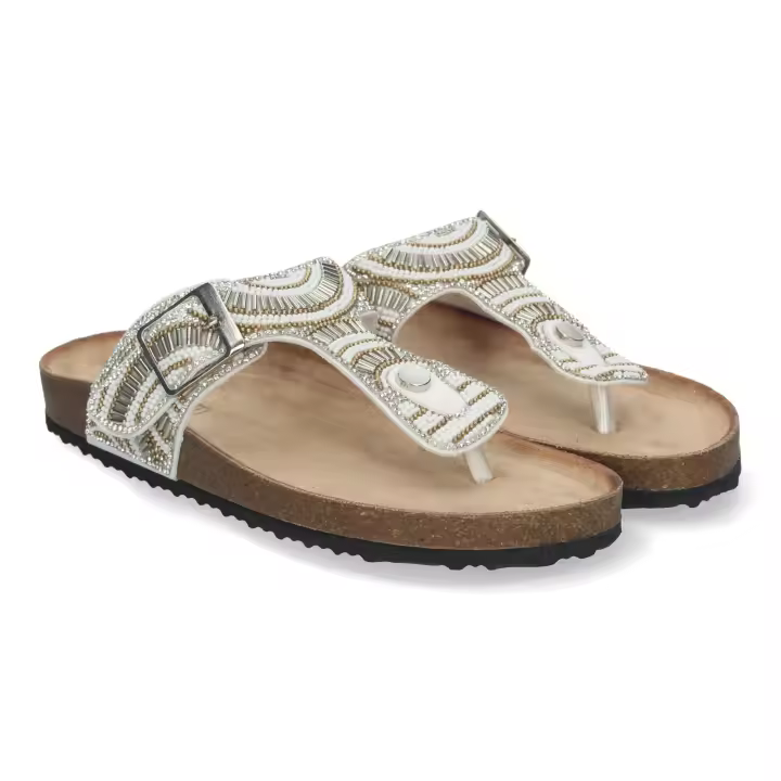 Davinia Shoes Sandalia Plana para Mujer, con Planta Bio, Comoda, Estilo Esclava con Piedras de Strass en la Pala y Detalle de Hebilla. Shoes&Blues.es AY-3067-Blanco - 1