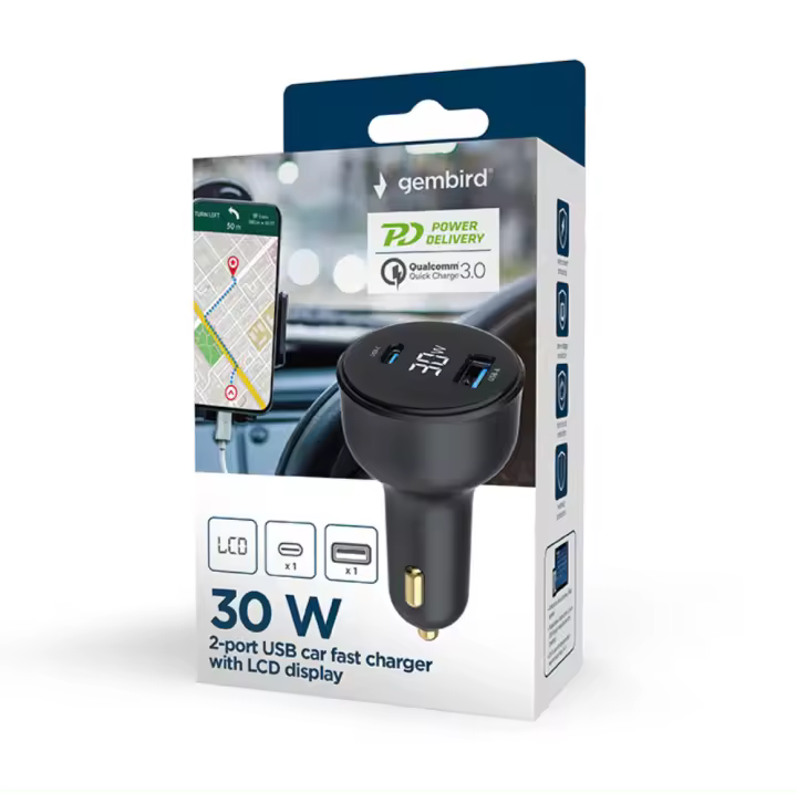 CARGADOR RAPIDO PARA COCHE GEMBIRD USB DE 2 PUERTOS, TIPO C PD, LCD, 30 W,NEGRO - 1