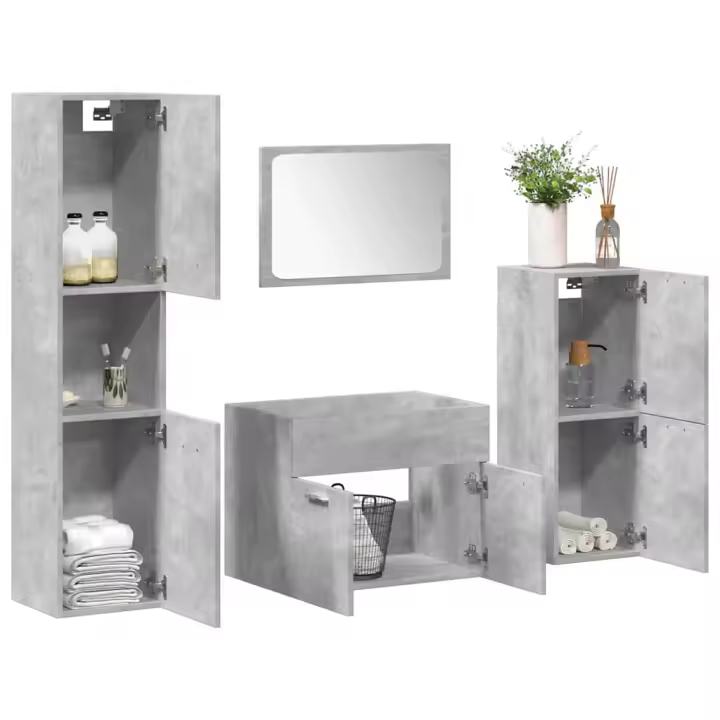 vidaXL Juego muebles de baño 4 pzas madera contrachapada en color Gris hormigón/Roble Sonoma | almacenamiento funcional diseño moderno para baño dormitorio sala - 1