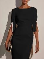 Vestido Midi Elegante Para Mujer De Color Sólido Con Decoración De Perlas Cuello Redondo Manga Corta Ajustado De Jersey Polyester - details 3
