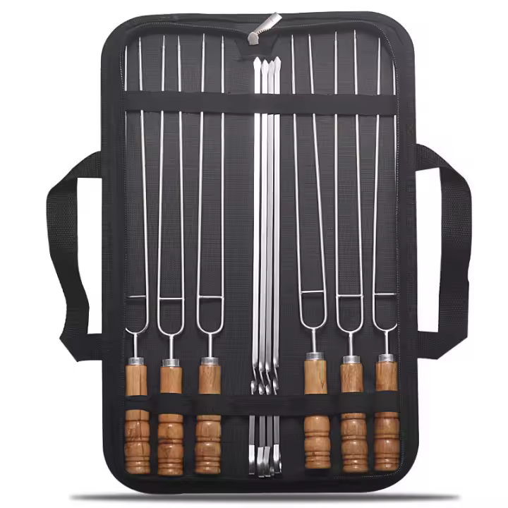 Juego De 10 Palillos De Barbecue Portátiles Al Aire Libre Con Mango De Madera Doble Borde De Acero Inoxidable Herramienta De Barbecue Ecológica - 1