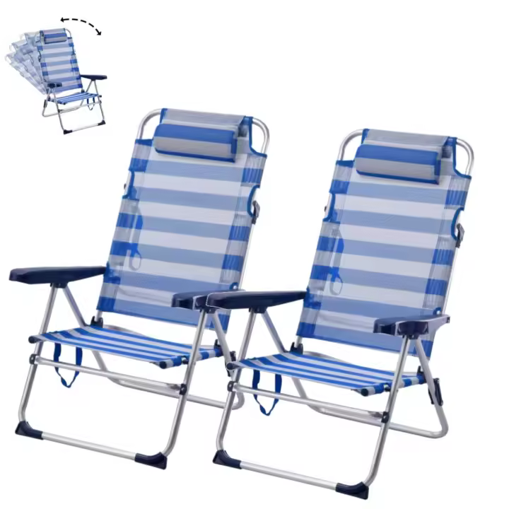 Silla Playa Plegable, 5 Posiciones, 57X31X62/101CM Incluye cojín Acolchado, Asa Hombro, Soporta 110 kg, Topes antivuelco, Multiposición, Respaldo reclinable Raya Azul - 1
