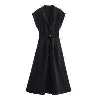 Vestido Midi Sin Mangas Estilo Camisa De Lino Mezcla Para Mujer Verano 2024 Con Cinturón Diseño Europeo Y Americano - details 2