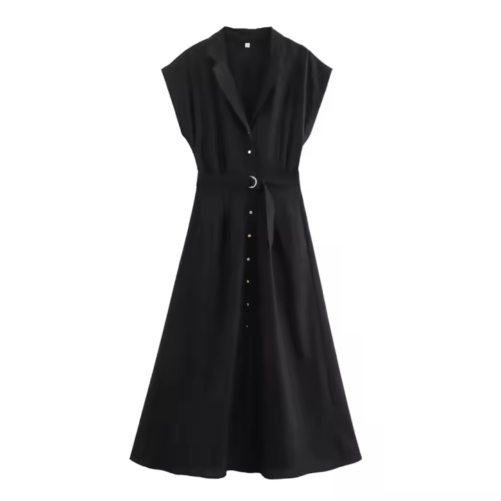 Vestido Midi Sin Mangas Estilo Camisa De Lino Mezcla Para Mujer Verano 2024 Con Cinturón Diseño Europeo Y Americano - 1