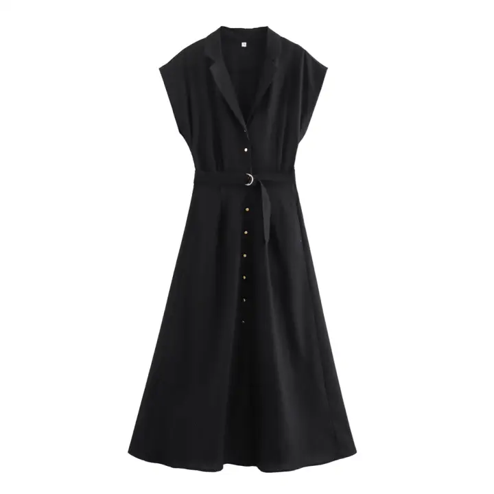 Vestido Midi Sin Mangas Estilo Camisa De Lino Mezcla Para Mujer Verano 2024 Con Cinturón Diseño Europeo Y Americano - 1