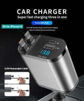 Cargador de coche retráctil 4 en 1, Puerto dual USB C PD, Carga rápido, adaptador para encender los cigarrillos de coche con Pantalla de Voltaje (DulaTypeC) - details 0