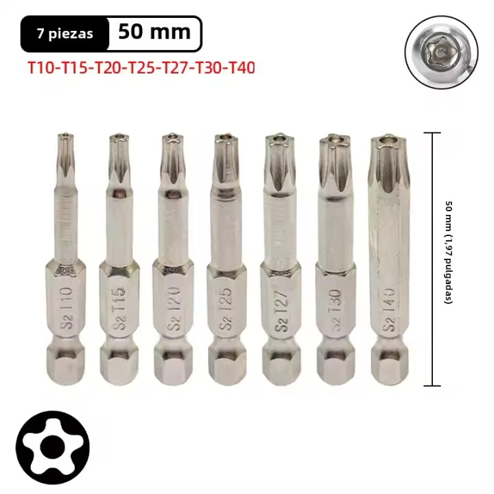 Juego De Puntas De Destornillador Pentáculo Estrella 1/4 Hex Shank Cinco Puntos Torx S2 Acero Magnético T10-T40 50mm Para Herramientas Eléctricas - 1